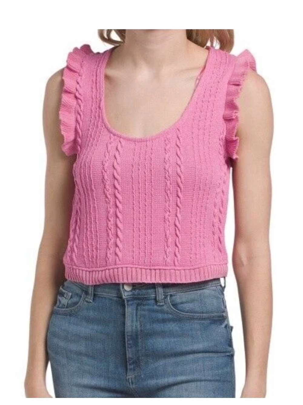 Zara Pink Ruffle-Sleeve Cable Knit Tank Top